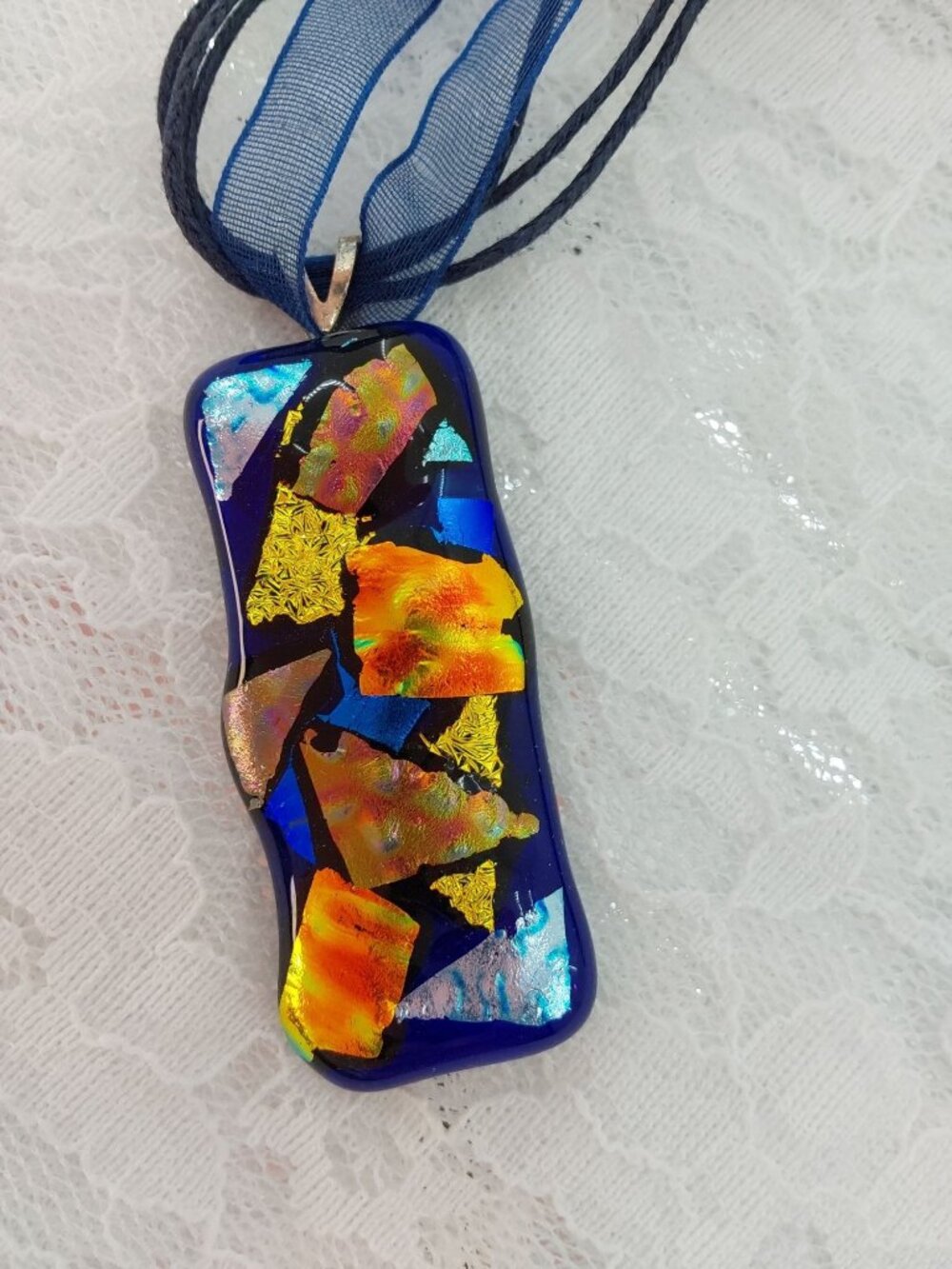 Fused Glass Blue Glass with Dichroic Pieces - Handmade Jewelry Necklace Pendant